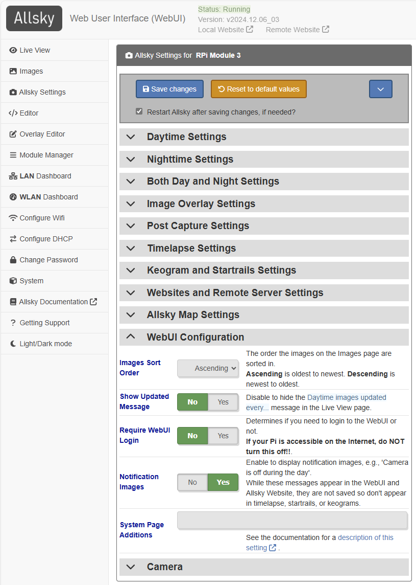 Typical Allsky Settings page AllskySettings